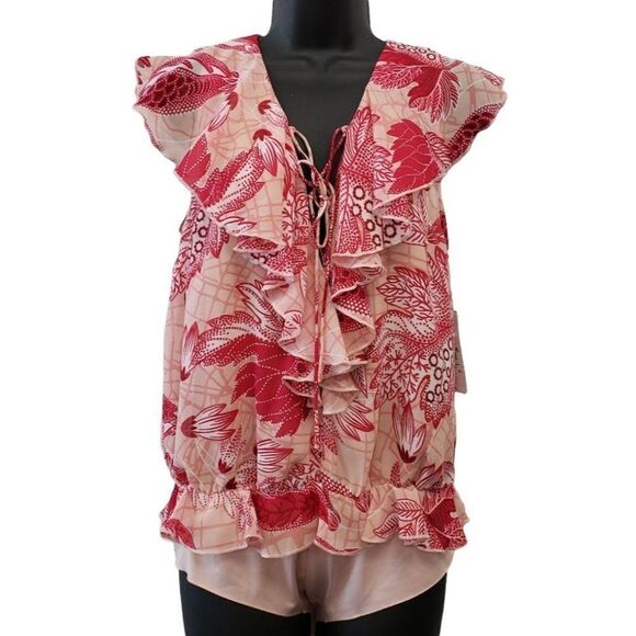 Guess Ruffle Lace Up Blouse Bodysuit Women's MEDIUM Pink White Floral V-Neck NEW - Picture 1 of 11